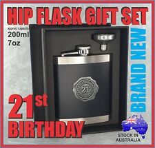 21st BIRTHDAY HIP FLASK SATIN BLACK GIFT STAINLESS STEEL POCKET BOTTLE + FUNNEL