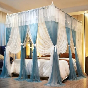 Luxury 4 Corners Post Canopy Bed Curtains Twin, Blue n White Cozy Drape  - Picture 1 of 1