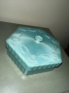 Vintage Dust Powder Box Teal Blue Flowers Lid Plastic 7” Hexagon Floral RTC - Picture 1 of 11
