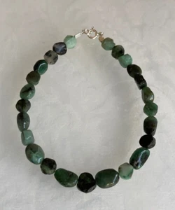Natural Emerald Disk & Oval Bead 7" Bracelet with 925 Silver Spring Ring Clasp - Picture 1 of 4