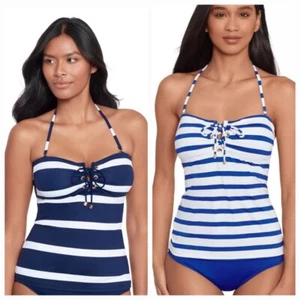 LAUREN Ralph Lauren Port Streifen Spitze vorne Bandini Schwimmen Top, blau, 8, 12 - Bild 1 von 7