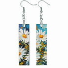 Summer Daisy Garden Bar Earrings Wood Dangle Stainless Steel Flowers Floral Art