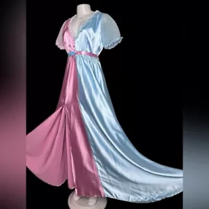 Abito vintage anni 70 80 stile aurora raso rosa blu maxi dress maternità sesso rivelazione - Foto 1 di 12