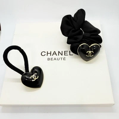 CHANEL BEAUTE VIP GWP Gift Black Elastic Scrunchie Heart Charm x2 LAST ONES! - image 1 of 4
