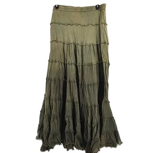 Boho Olive Green Tiered Ruffle Maxi Skirt L Forest Fairy Goblin Hippie Earthy - Picture 1 of 7