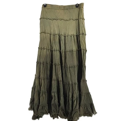 Maxi Falda Boho Verde Oliva Con Volantes en Niveles L Bosque Hada Duende Hippie Terrosa Foto 1 de 4