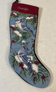 22x7' Lands End Needlepoint Christmas Stocking blue birds PERSONALIZED “GRANDPA” - Picture 1 of 7