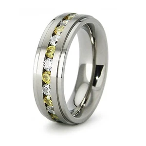 Anillo banda de titanio de 8 mm para hombre piedras circonita amarillas alternas eternidad alto pulido - Imagen 1 de 2