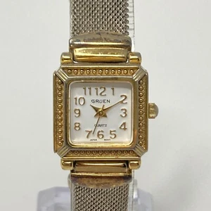 Vintage Gruen Watch Women Gold Silver Two Tone Mesh Band Square New Battery 7" - Picture 1 of 20