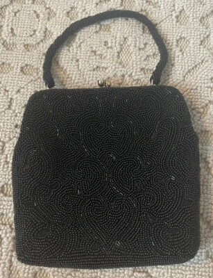 Japanese Black Beaded Evening Handbag Clutch, Silver Crystal Clasp, Silk Lined. - Image 1 of 4