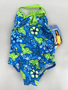New Girls size 4 Speedo 1 pc Blue Green Dolphin & Flower Swim Suit Swimsuit Kids - Picture 1 of 2