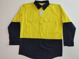 4Work Men's Hi Vis Closed Front Day Work Shirt - Yellow Navy - 100% Cotton Drill - Picture 1 of 6