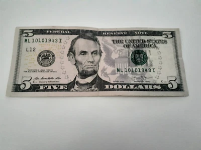 October 10th, 1943 (ML10101943I) 2013 $5 Fancy Serial Number Birthday Note - Image 1 of 2