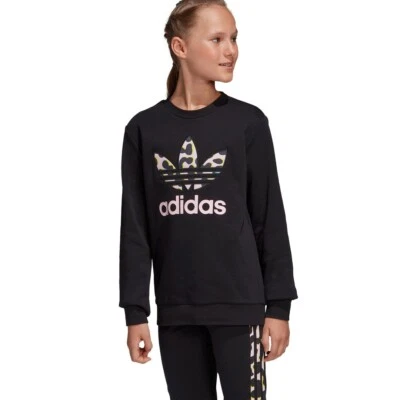 Adidas Originals LZ Crew Sweatshirt Pullover Leopard Black Youth Girls Small - Image 1 of 4