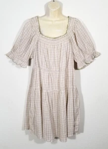 Old Navy Women XL Beige Mini Swing Dress Plaid Puff Sleeve Square Neck Pockets - Picture 1 of 9