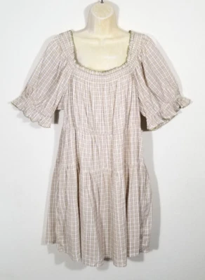Old Navy Women XL Beige Mini Swing Dress Plaid Puff Sleeve Square Neck Pockets - Image 1 of 4