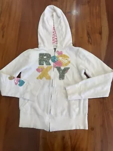 VINTAGE Y2K Giacca con cappuccio e zip ROXY ragazza bianco rosa grande DIFETTO - Foto 1 di 10