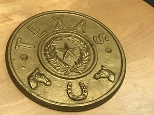 Gold Cast Iron Round Plaque Says Texas Star Wreath Horse head & Shoe 8" x 1/2" - Picture 1 of 6