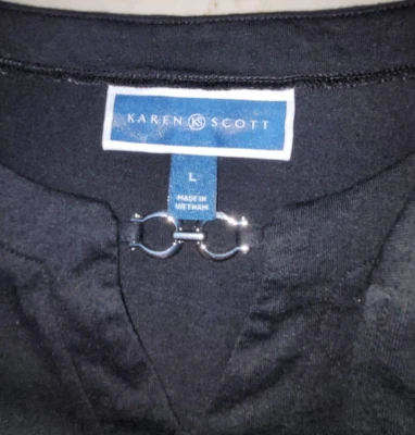 Karen Scott Women's Size L Deep Black Silver buckle detail Short Sleeve Top - Image 1 of 4