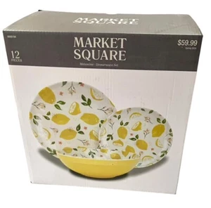 12 Piece Lemon Melamine Dinnerware Dish Set Dinner Plates Salad Plates Bowls New - Picture 1 of 8