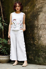 Women Bespoke 2Pc Suit White Linen Round Neck Embroidered Top & Pant Party Set