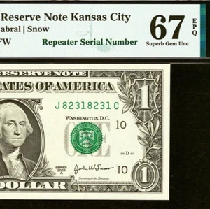 2003A 1 $ Federal Reserve Note PMG 67EPQ 2nd best graded Kansas City Repeater - Bild 1 von 4