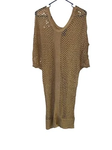 Hot in Hollywood Knit Crochet Cover Up Beach Swim Dress Tan Short Sleeves - Picture 1 of 3