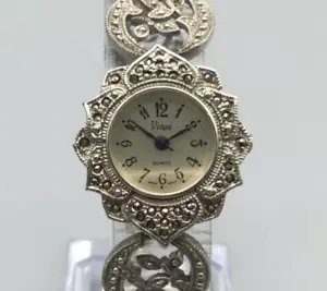 Vivani Watch Women 25mm Silver Tone Marcasite Floral Dial New Battery 6.25" - Picture 1 of 15