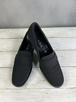 PRADA Black Nylon Canvas Square Toe Heel Loafer Shoes Women’s Size 7 Retail $795 - Image 1 of 4