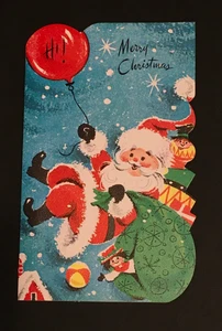 Ciao vintage! Biglietto Buon Natale Babbo Natale Galleggiante Per Consegnare Giocattoli Elfo Borsa Sole NOS - Foto 1 di 5