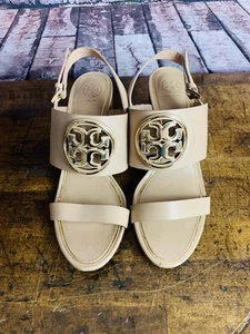 Tory Burch Metal Miller 65mm Wedge Sandals Off Tan/Gold Women’s Size 10 M - Picture 1 of 8