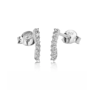 Diamond Earrings Silver Stud Bar 4 Natural White Stones - Picture 1 of 11