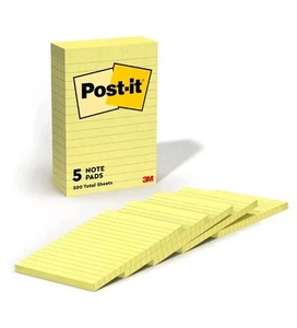 Post-it Notes Original Pads in Canary Yellow Lined 4 x 6 100-Sheet 5/Pack - Picture 1 of 2