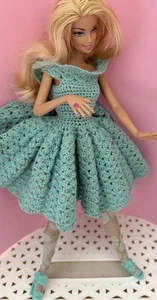 Beautiful Vtg  Barbie Crocheted Aqua Dress Shoes Hose Clothing Only - Picture 1 of 9