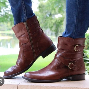 Born Harness Boots Ankle Booties Brown Leather Buckles Straps Moto Women's 11N - Picture 1 of 11