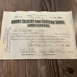 Mount Desert and Eastern Shore Land Co. 1889 dated Maine Land Stock Certificate - Picture 1 of 8