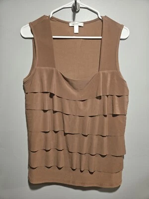 Dressbarn Shirt Womens Large Petite Brown Neutral Ruffled Light USA Tank Top  - Image 1 of 4