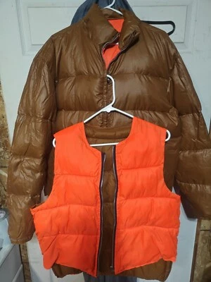 Abrigo y chaleco de caza reversible acolchado plumón de ganso de colección años 70 naranja brillante y carmelo L Foto 1 de 4