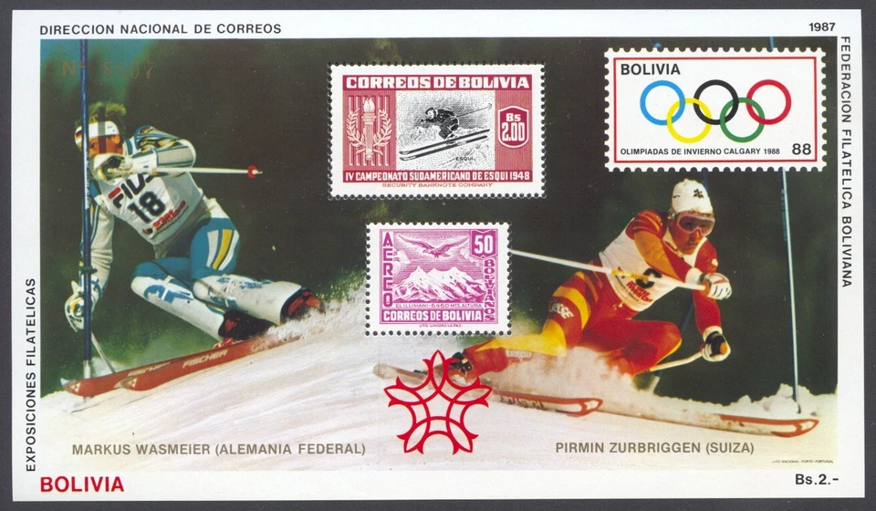 Bolivia, 1987, Olympic Winter Games Calgary, Skiing, MNH, Michel Block 167 - Image 1 of 1