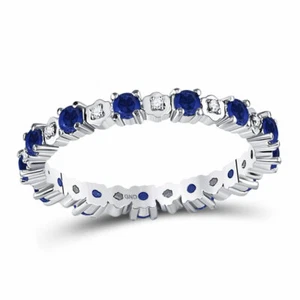 10kt White Gold Womens Round Blue Sapphire Diamond Eternity Band Ring 1 Cttw - Picture 1 of 4