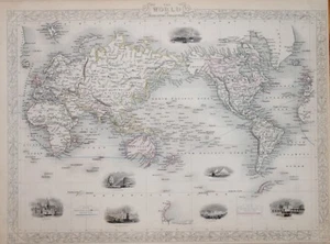 THE WORLD ON MERCATOR'S PROJECTION BY JOHN TALLIS 1850 - Picture 1 of 1