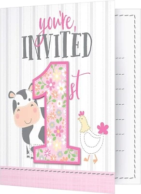 Creative Converting 340137 Barn Animals 1st Birthday Pink Invitation - Image 1 of 2
