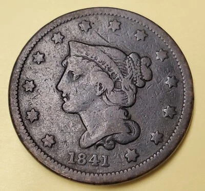 1841 Large Cent Us Mint Copper Coin Vg Very Good - Image 1 of 2