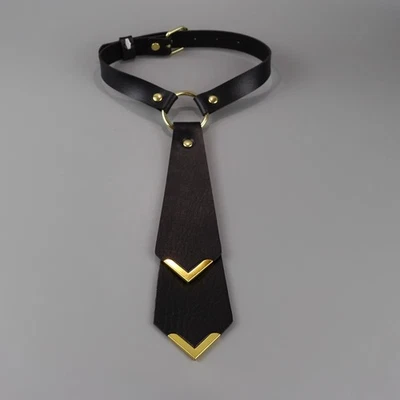 Ladies Black Faux Leather Tie with Choker Necktie Punk Accessory Adjustable Chic - Image 1 of 4