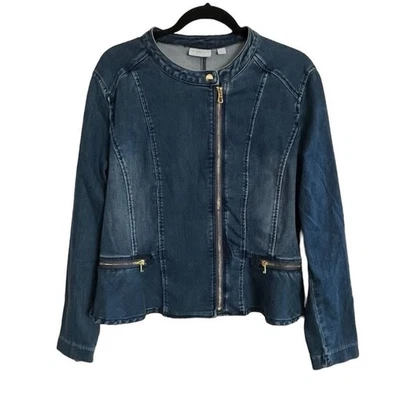 Chaqueta de Moto Retro Peplum Elástica Acentos Dorados Denim Azul New York & Co Talla L   Foto 1 de 4