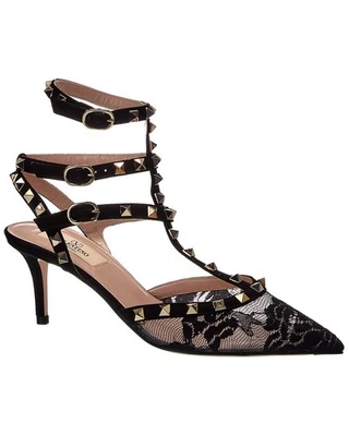 Zapatos de salón Valentino Rockstud 65 de gamuza enjaulada y encaje con correa al tobillo para mujer Foto 1 de 4