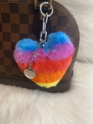 Rainbow Color Fluffy Heart Pom Pom Keychain Bag Charm Keyring Birthday Gift - Image 1 of 2