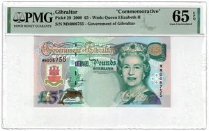 2000 Gibraltar 5 Pounds P29 Commemorative Millennium Banknote UNC QEII PMG - Picture 1 of 2