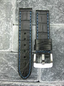 New 22mm BIG CROCO Leather Strap Black Thick Watch Band Belt Blue BREITLING - Picture 1 of 9