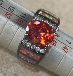 BLACK SILVER Elegant Orange Fire Opal & Orange Garnet Oval Ring Size 6, WR41803 - Picture 1 of 3
